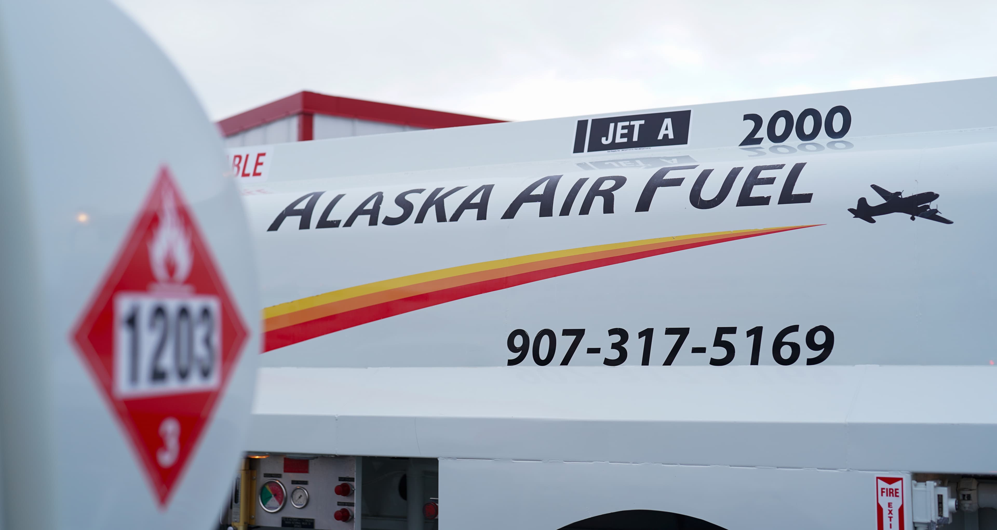 Alaska Air Fuel Jet A truck showing 1203 placard and truck graphics